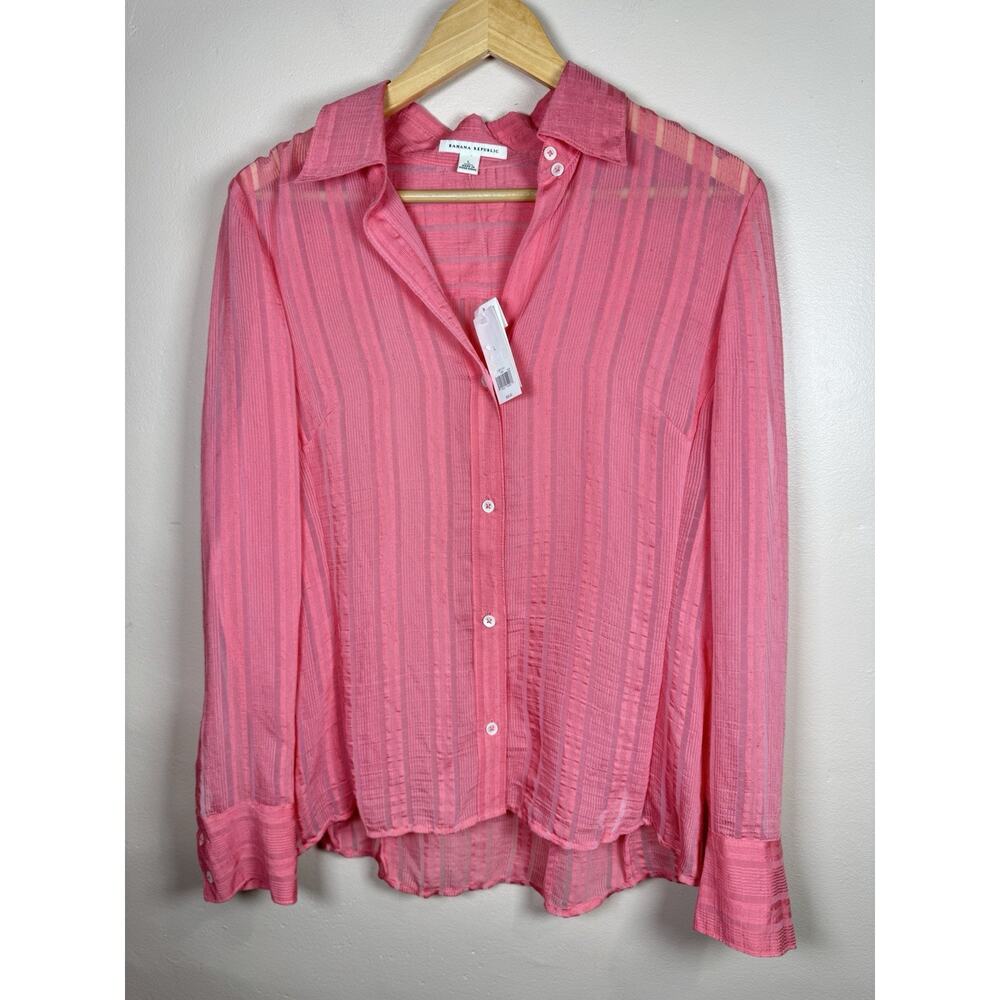 NWT Banana Republic Womens Sheer Button Down Shirt Pink Long Sleeve Hi Low Hem L